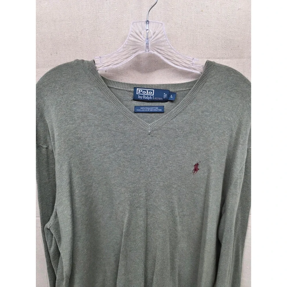Polo Ralph‎ Lauren Mens V-Neck Sweater Sage Green Pima Cotton Large Pony Logo